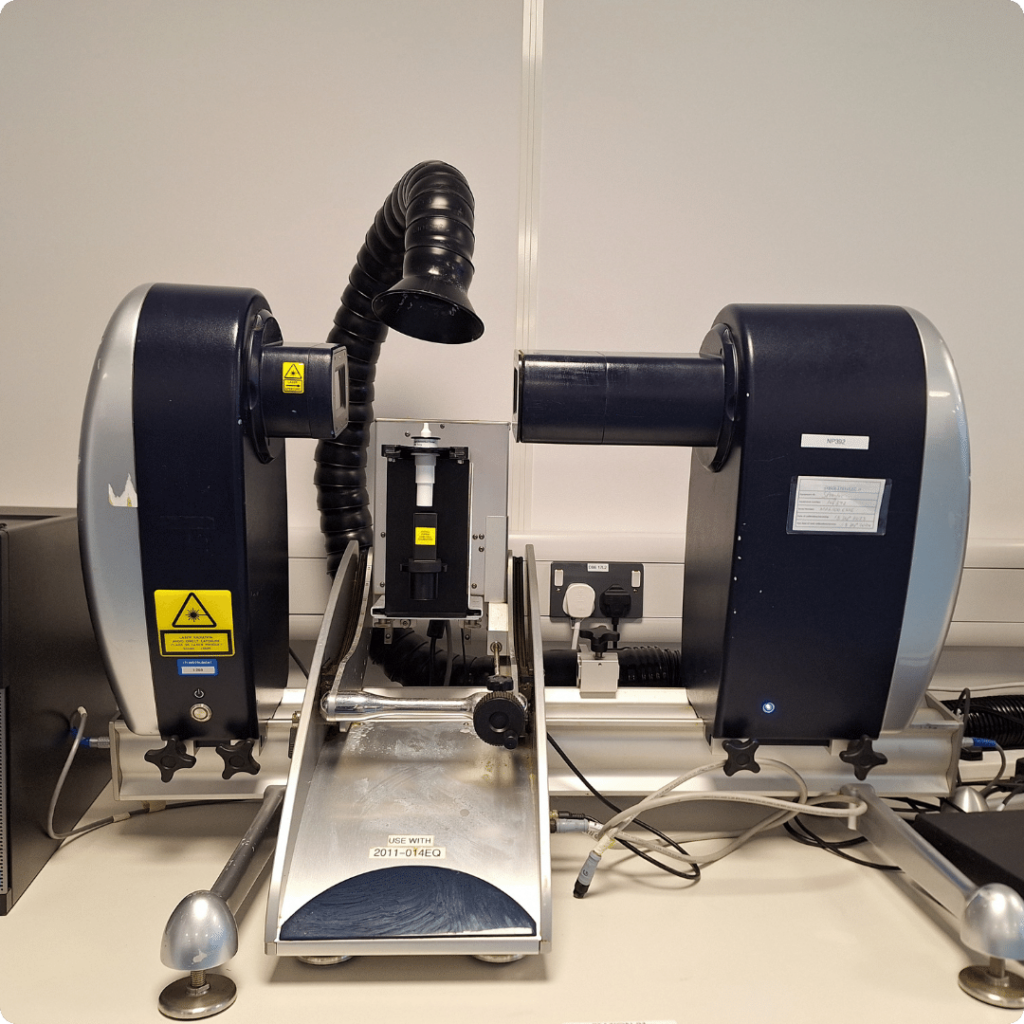 Side view of laser diffraction unit used by Nanopharm to measure spray particle and droplet size distributions.